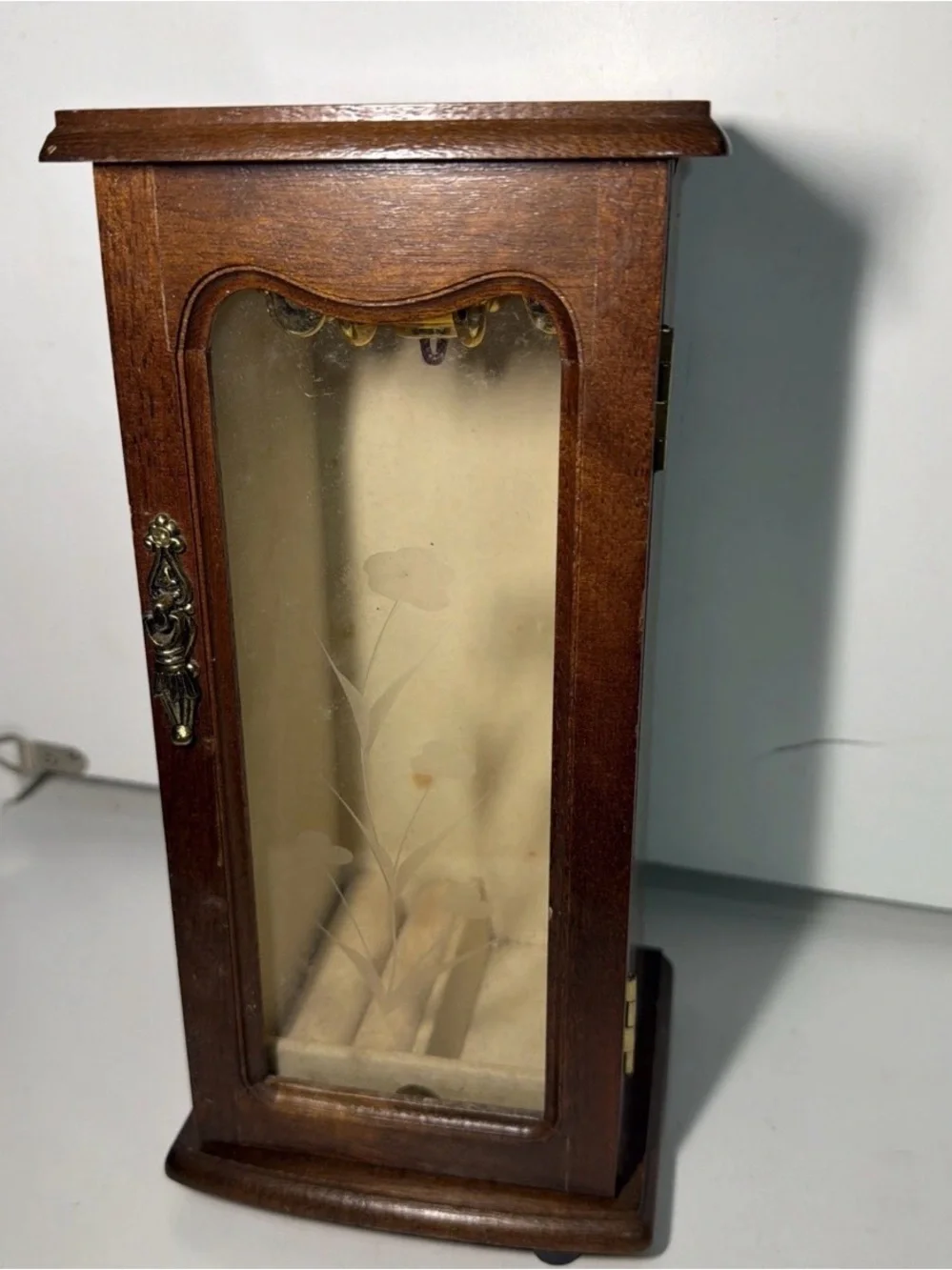Wood-Finish Brown Jewelry Cabinet with Etched Glass Door